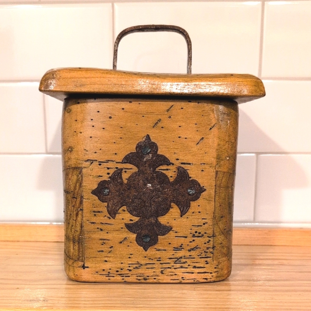 Antique Yellow-Brown Wood Decorative Box with Iron Handle